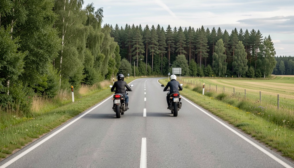 Två motorcyklar med gott avstånd på en svensk landsväg i mjukt morgonljus