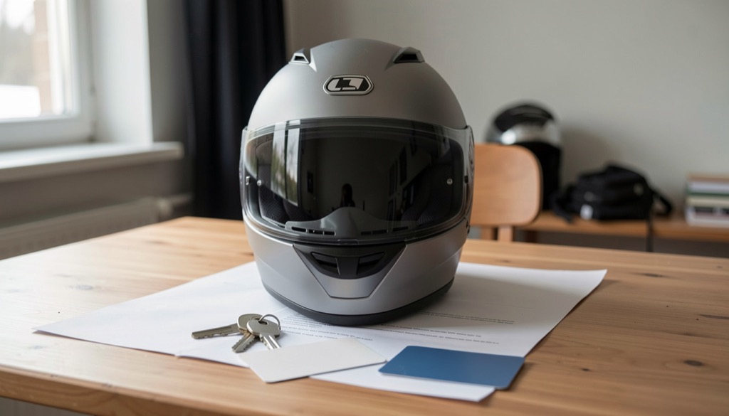 Motorcykelhjälm, körkortshandlingar och nyckel på ett bord med mjukt sidoljus