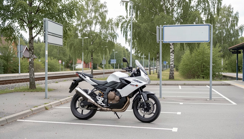 Motorcykel parkerad vid en tydligt skyltad infartsparkering nära Roslagsbanan