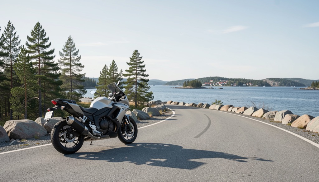 Motorcykel på en stilla kustnära väg med skärgårdsljus och granar i bakgrunden