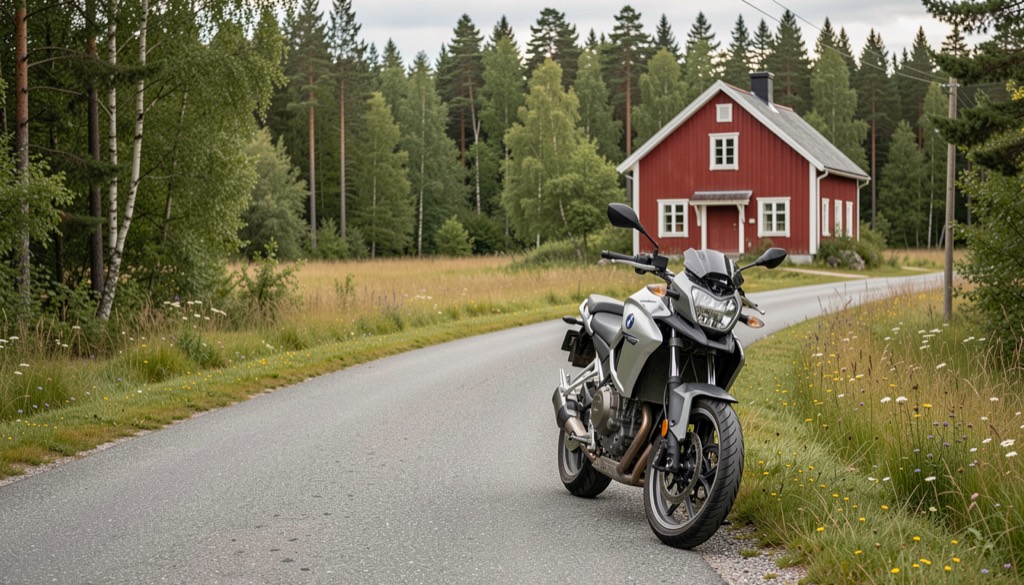 Motorcykel vid en grusfri landsväg genom Roslagens skog med ett rött gårdshus långt bort